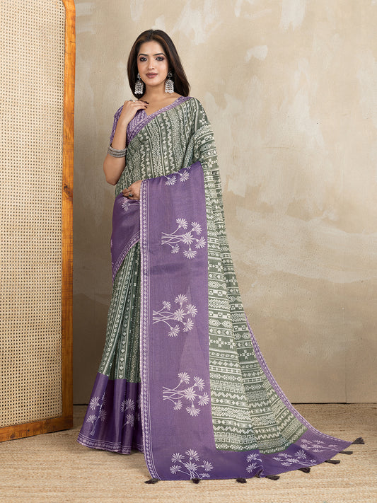 Stylish Purple & Green Printed Silk Saree For Women