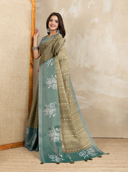 Olive Green Ethnic Printed Erode Anmol Silk Saree For Women