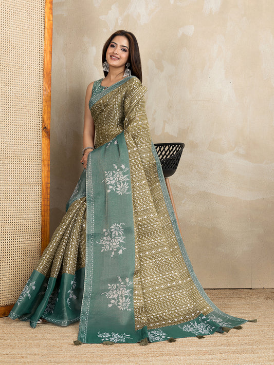 Olive Green Ethnic Printed Erode Anmol Silk Saree For Women