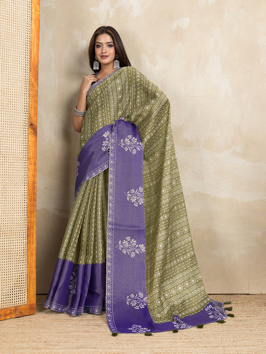 Olive Green & Purple Dual-Tone Printed Erode Anmol Silk Saree For Women