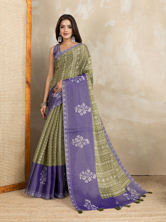 Olive Green & Purple Dual-Tone Printed Erode Anmol Silk Saree For Women