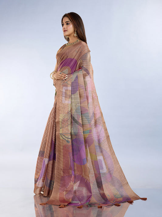 Brown Abstract Printed Saree For Women