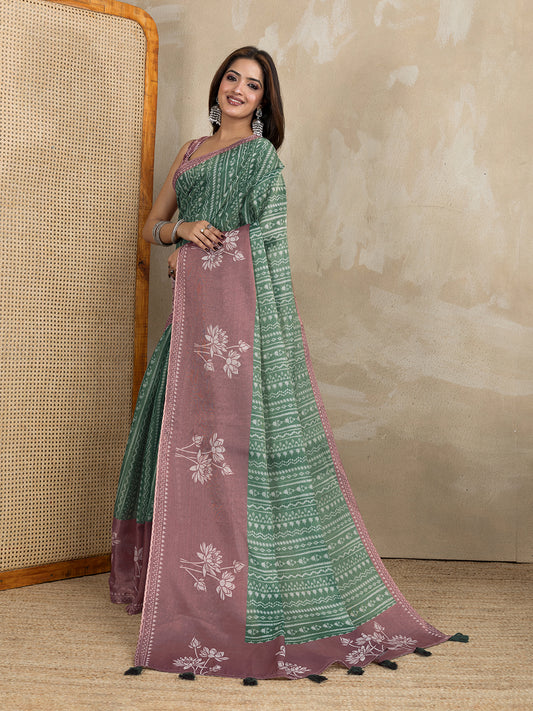 Green & Mauve Dual-Tone Printed Erode Anmol Silk Saree For Women