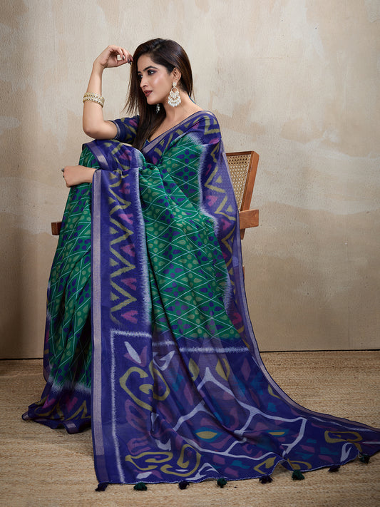 Blue & Green Ikat Printed Chanderi Saree For Women