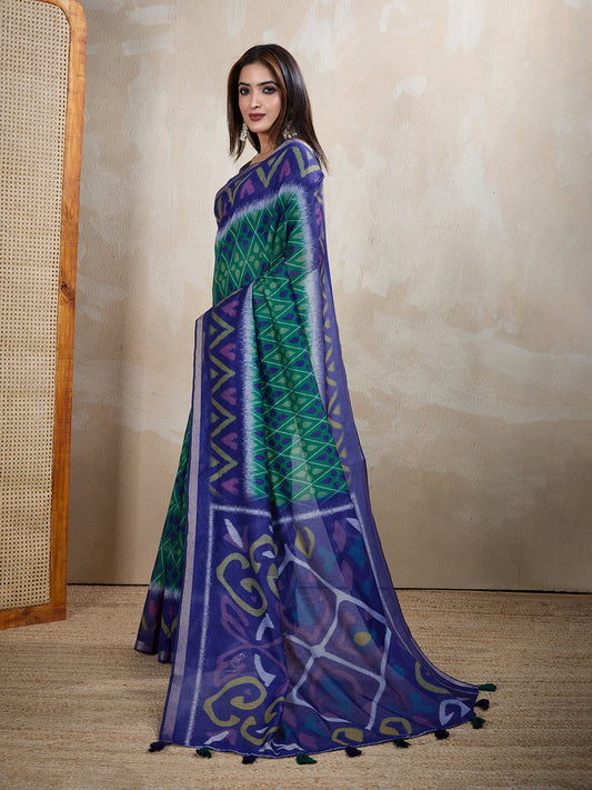 Blue & Green Ikat Printed Chanderi Saree For Women