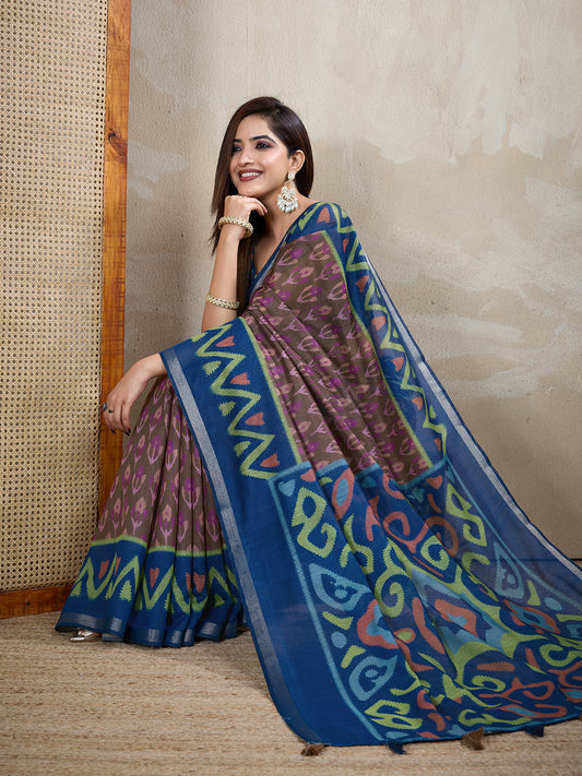 Brown & Blue Ikat Printed Chanderi Saree For Women