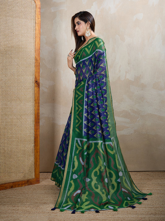 Green & Blue Ikat Printed Chanderi Saree For Women