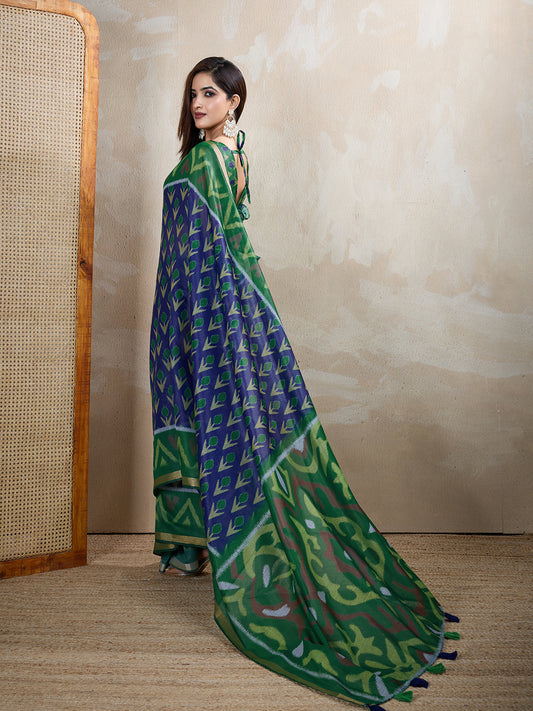 Green & Blue Ikat Printed Chanderi Saree For Women