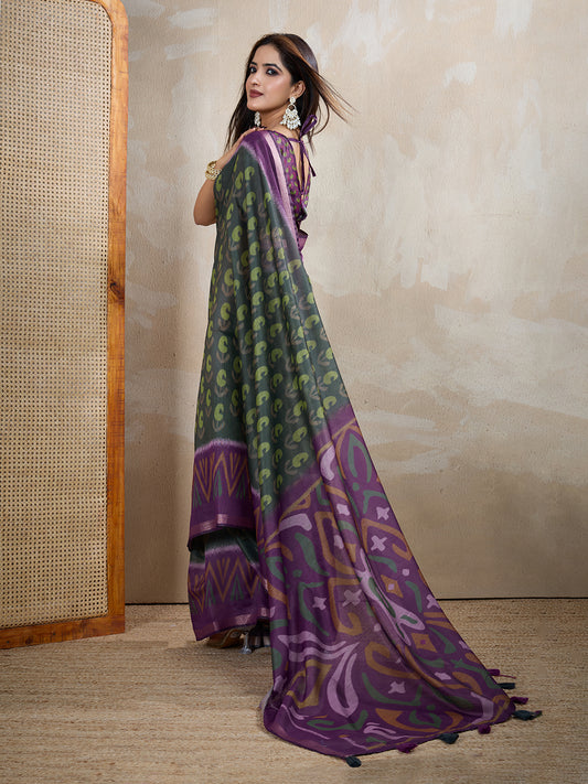 Dark Green & Purple Ikat Printed Chanderi Saree For Women