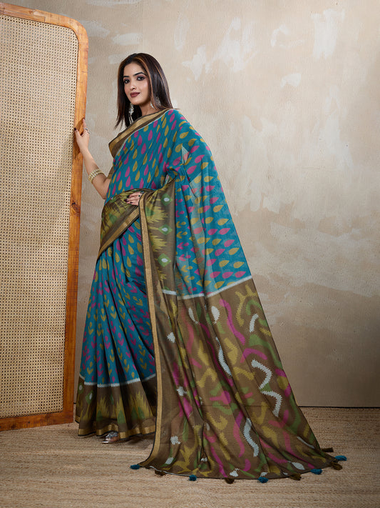 Teal Blue & Olive Green Ikat Printed Chanderi Saree For Women