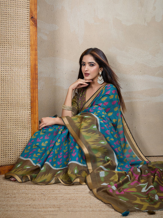 Teal Blue & Olive Green Ikat Printed Chanderi Saree For Women