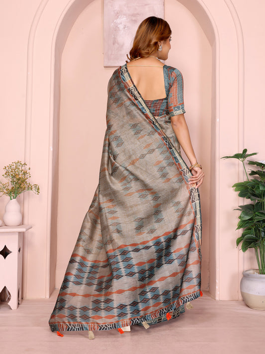 Grey & Rust Patterned Black Chanderi Saree For Women