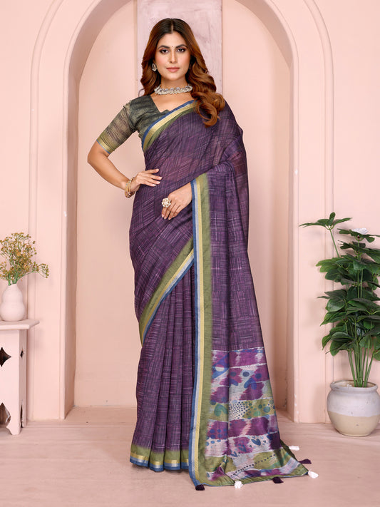 Purple & Green Black Chanderi Saree For Women