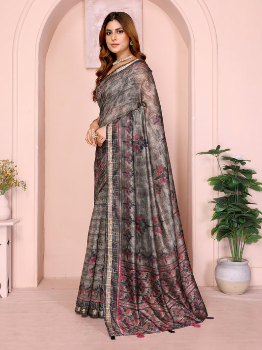 Grey & Black Floral Black Chanderi Saree For Women