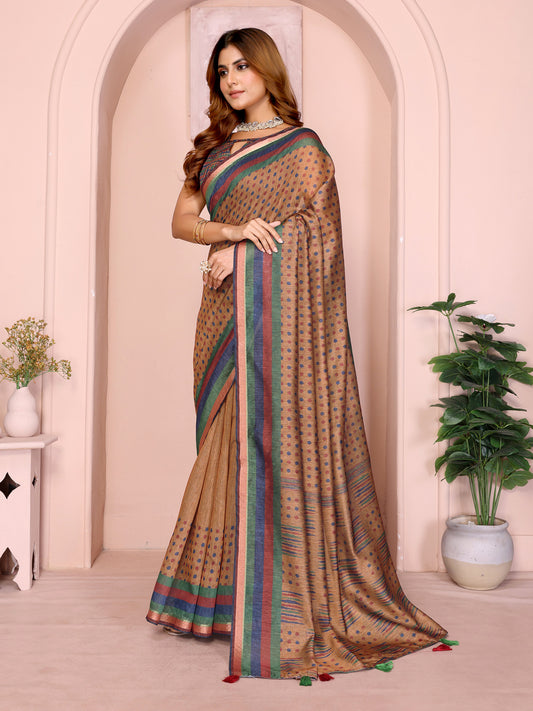 Mustard Brown Geometric Black Chanderi Saree For Women