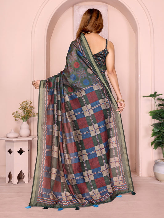 Dark Green Multicolor Checkered Black Chanderi Saree For Women
