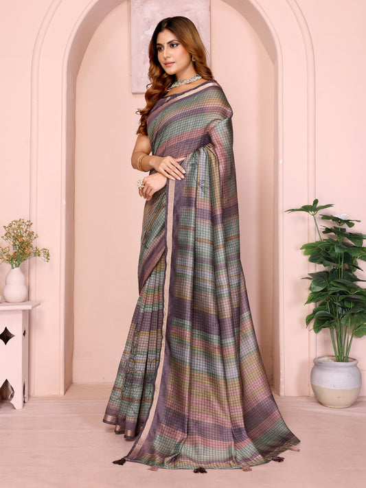 Pastel Multicolor Checked Black Chanderi Saree For Women