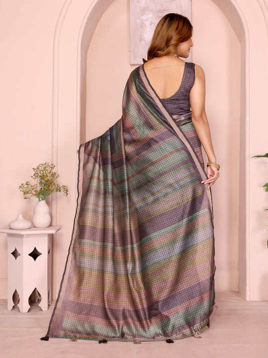 Pastel Multicolor Checked Black Chanderi Saree For Women
