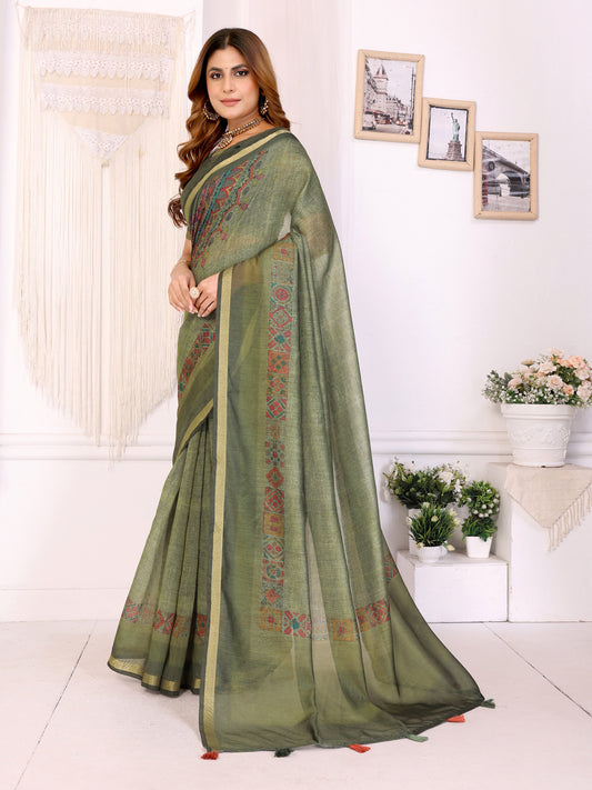 Olive Green Chanderi Saree With Traditional Geometric Border For Women