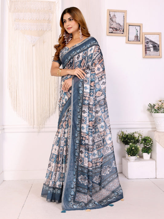 Stylish White Chanderi Saree With Digital Geometric Print For Women