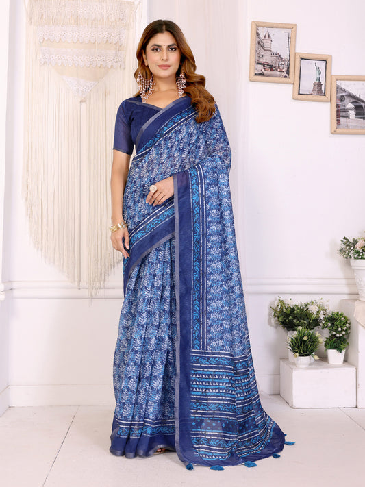 Elegant White Chanderi Saree With Digital Floral Print For Women