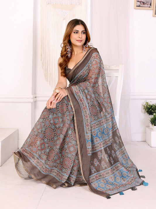 Elegant Chanderi Saree With Ethnic Floral Print For Women