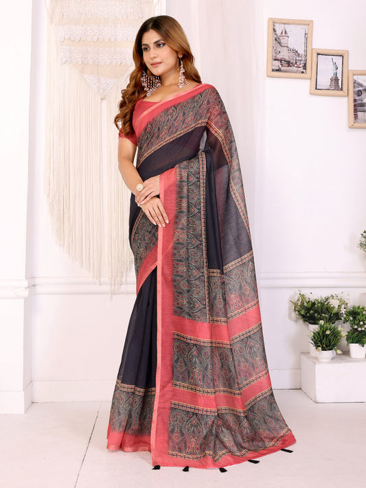 Elegant Black Saree With Reddish Pink Border For Women