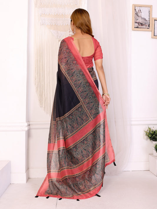 Elegant Black Saree With Reddish Pink Border For Women