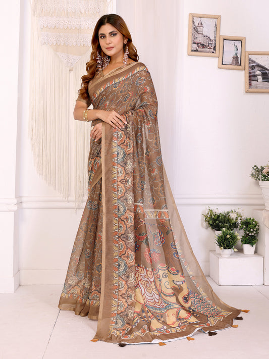 Elegant Coffee Brown Chanderi Digital Print Saree For Women