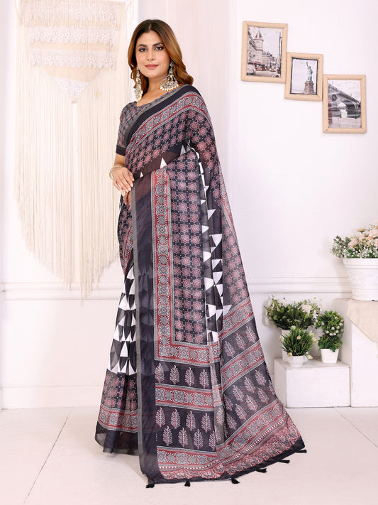 Black & Maroon Geometric Printed Chanderi Saree For Women