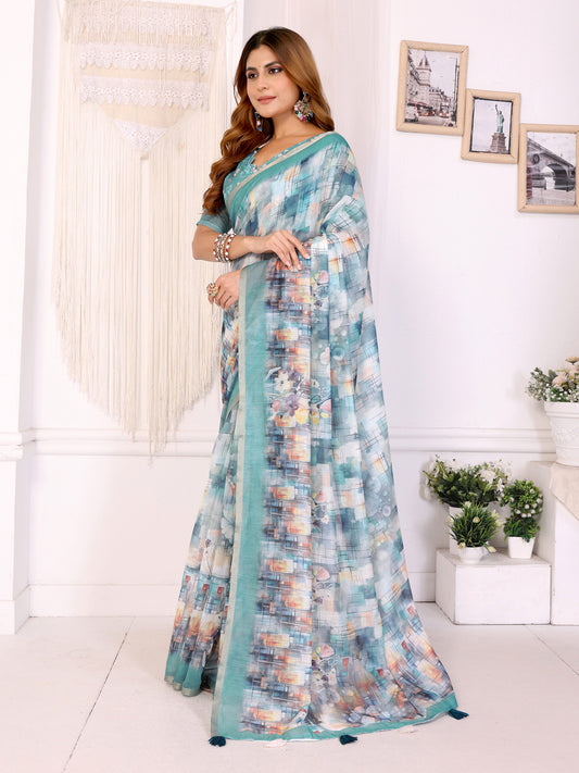 Aqua Blue Digital Abstract Printed Chanderi Saree For Women