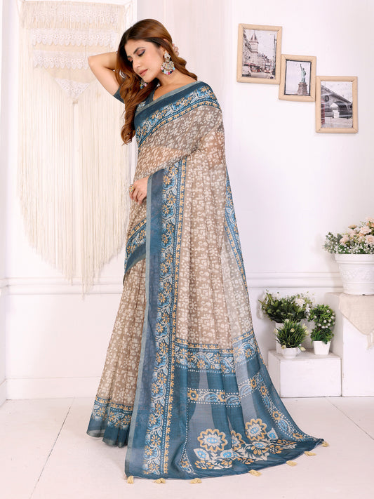 Beige & Teal Ethnic Motif Printed Chanderi Saree For Women