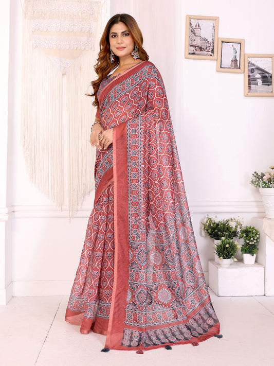 Rust Red Traditional Printed Chanderi Saree For Women