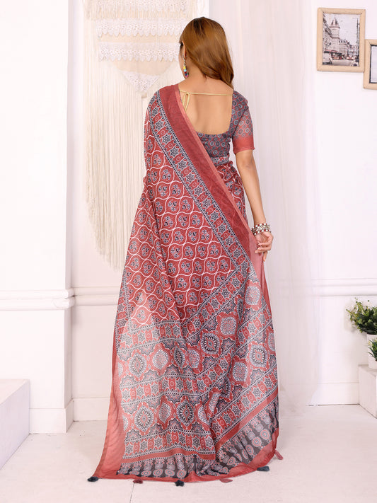 Rust Red Traditional Printed Chanderi Saree For Women