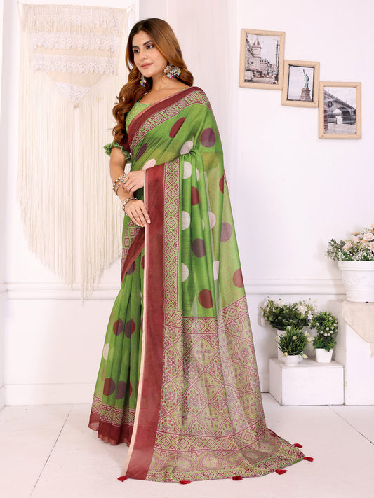 Green & Maroon Polka Dot Printed Chanderi Saree For Women
