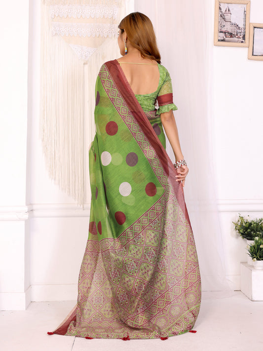 Green & Maroon Polka Dot Printed Chanderi Saree For Women