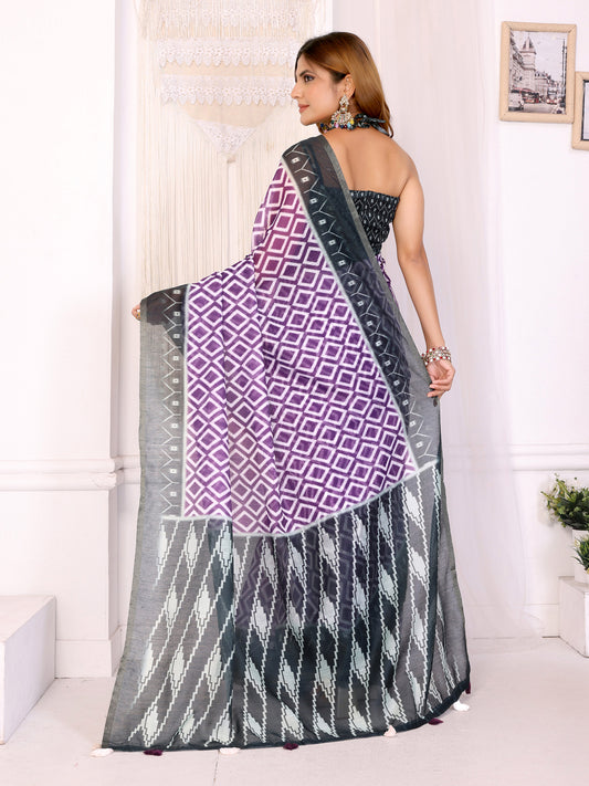 Purple & Black Ikat Printed Chanderi Saree For Women