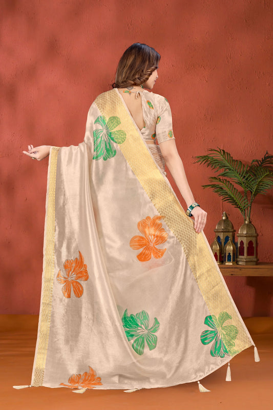 Beige Soft Silk Saree With Bold Floral Print & Golden Zari Border For Women