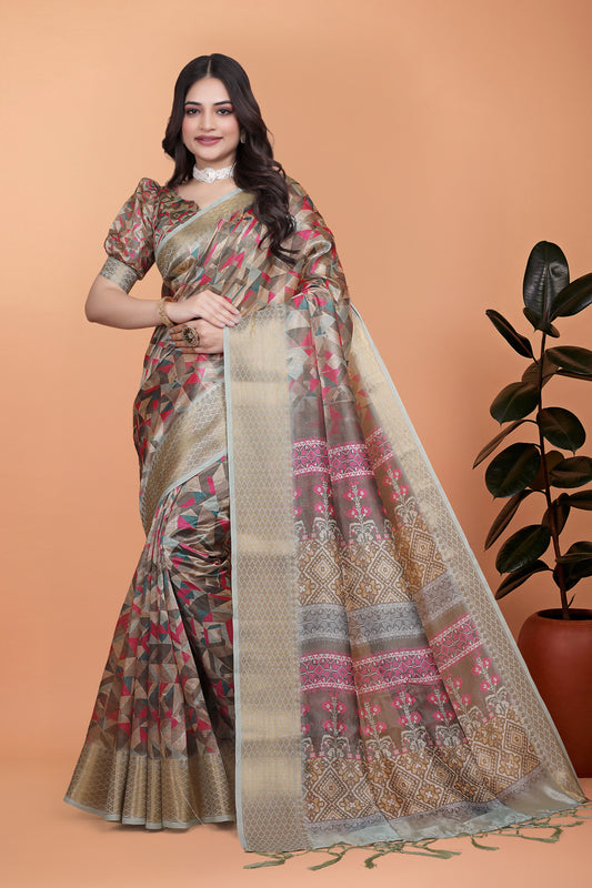 Golden Beige Soft Silk Saree With Geometric Weave & Pink Ornamental Pallu For Women