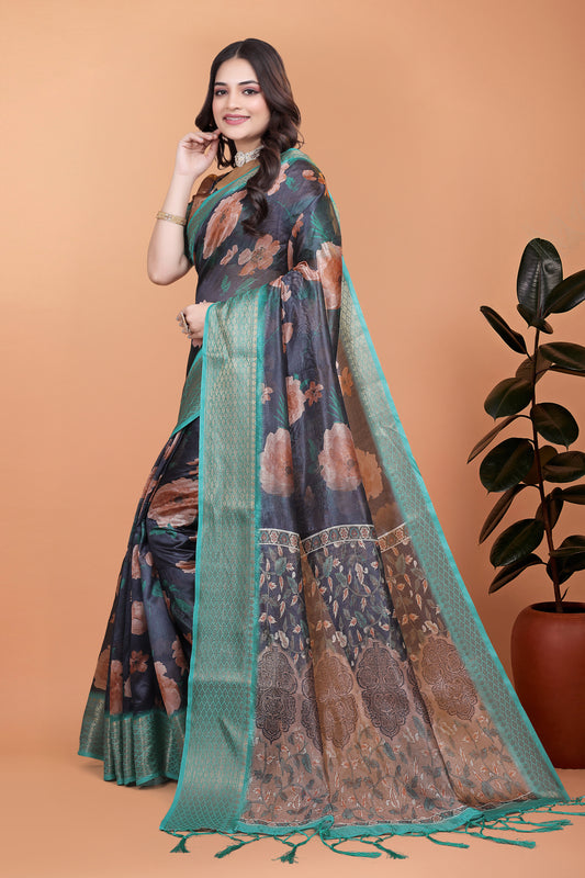 Midnight Blue Soft Silk Saree With Peach Floral Print & Aqua Zari Border For Women