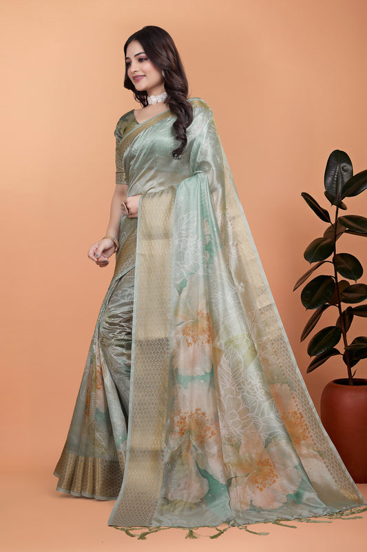 Pastel Green Soft Silk Saree With Floral Digital Print & Golden Zari Border For Women