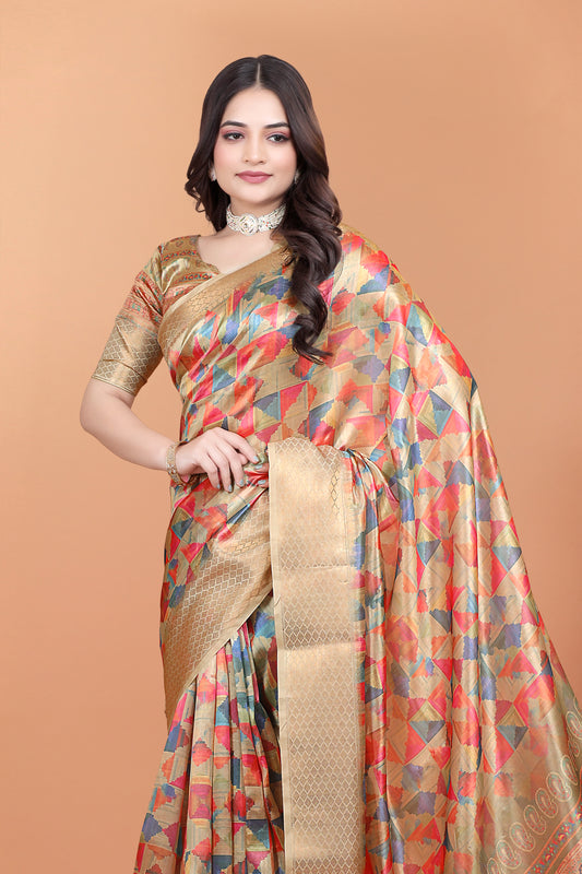 Golden Multicolor Soft Silk Saree With Geometric Weave & Ornate Pallu For Women