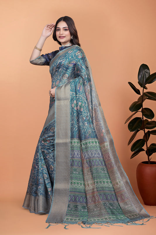 Peacock Blue Soft Silk Saree With Floral Zari Weave & Multi-Color Pallu For Women