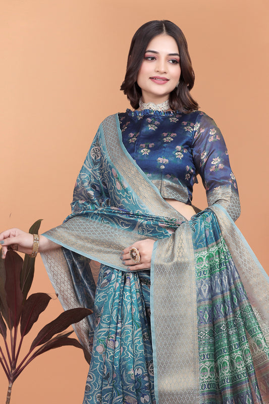 Peacock Blue Soft Silk Saree With Floral Zari Weave & Multi-Color Pallu For Women
