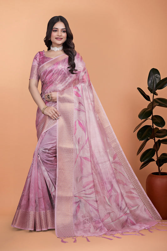 Soft Pink Silk Saree With Elegant Leaf Pattern For Women