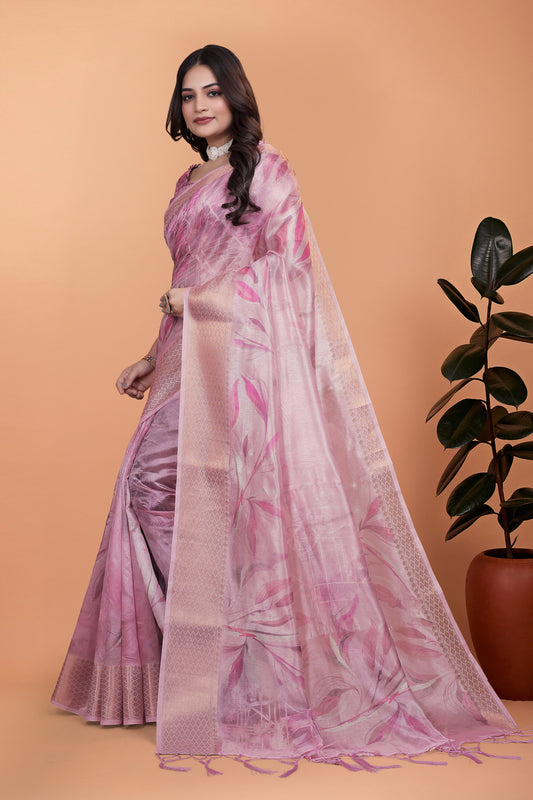 Soft Pink Silk Saree With Elegant Leaf Pattern For Women