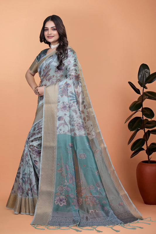 Pastel Blue & Teal Soft Silk Saree With Floral Weaving For Women