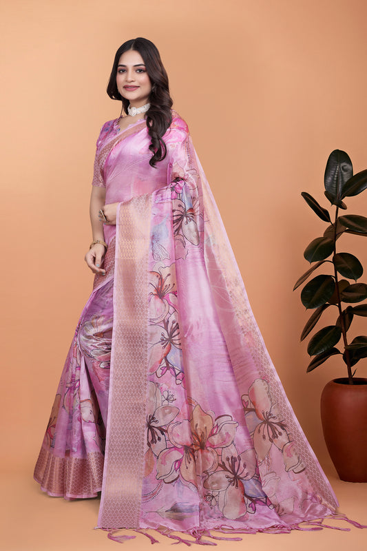 Baby Pink Soft Silk Saree With Floral Digital Print & Copper Zari Border For Women
