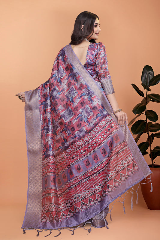 Lavender & Pink Soft Silk Saree With Copper Zari Border & Leaf Print For Women