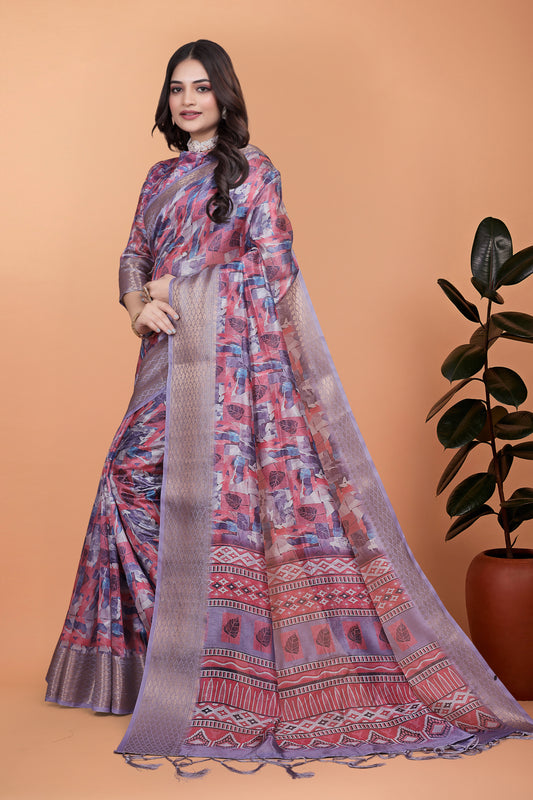 Lavender & Pink Soft Silk Saree With Copper Zari Border & Leaf Print For Women